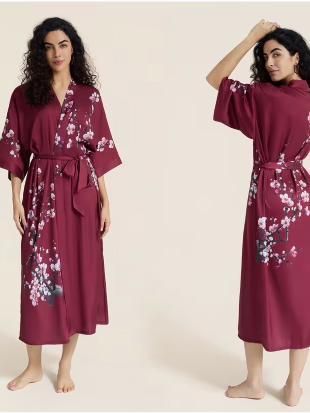 Women's Floral Kimono Robe - Burgundy